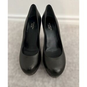 Vintage Gucci Napa Charolette‎ Black Leather Platform Pump Heels Italy Size 36